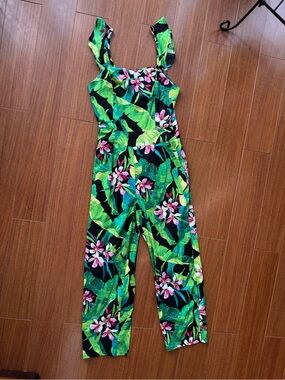 Cotton Tropical Jungle Green Leaf & Pink Floral Womens Jumpsuit Small
